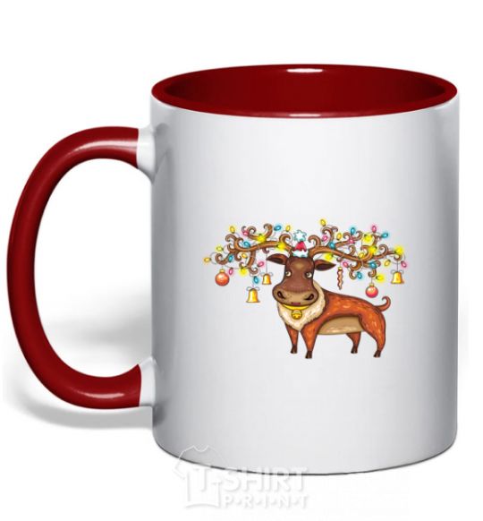 Mug with a colored handle Deer lights red фото