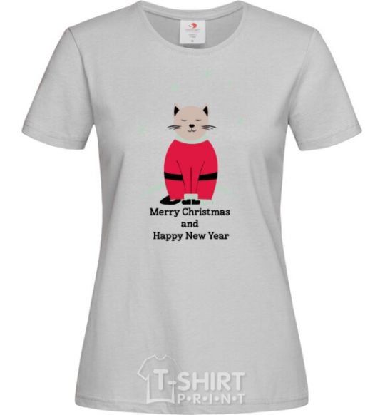 Women's T-shirt Cat Santa grey фото