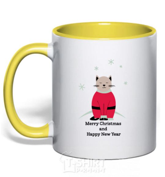 Mug with a colored handle Cat Santa yellow фото