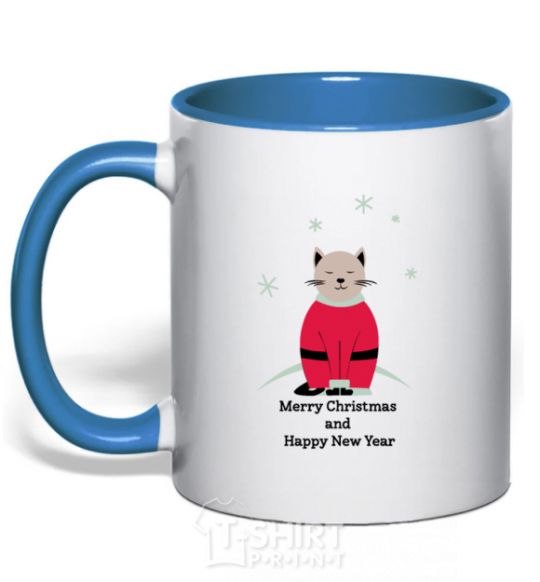 Mug with a colored handle Cat Santa royal-blue фото