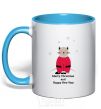 Mug with a colored handle Cat Santa sky-blue фото