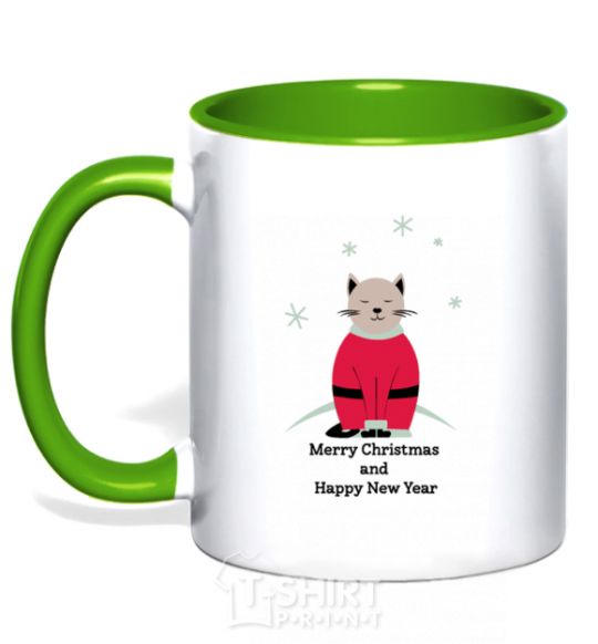 Mug with a colored handle Cat Santa kelly-green фото