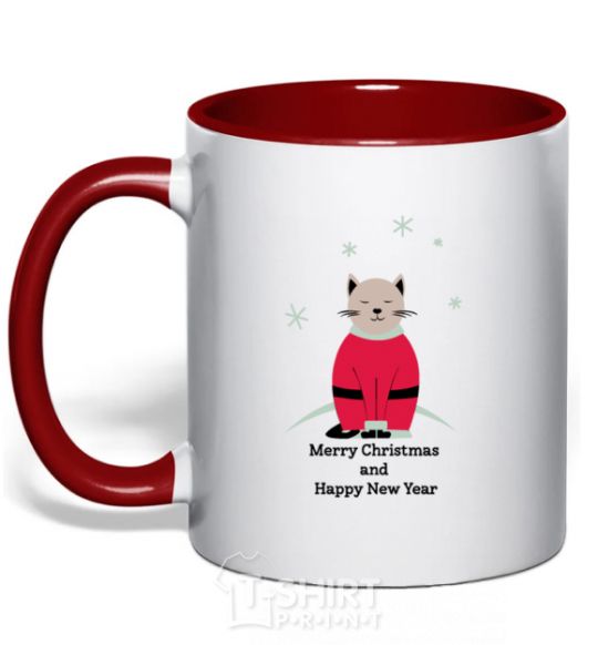 Mug with a colored handle Cat Santa red фото
