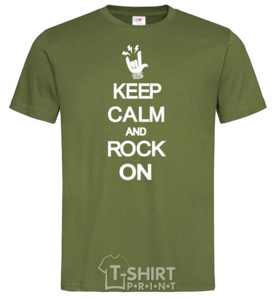 Мужская футболка Keep calm and rock on Оливковый фото
