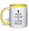 Mug with a colored handle keep calm and love rock yellow фото