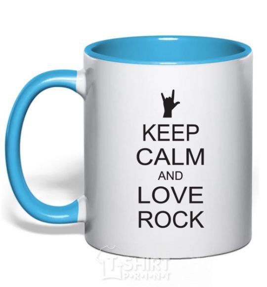 Mug with a colored handle keep calm and love rock sky-blue фото