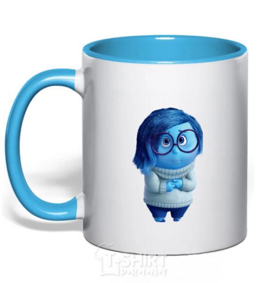 Mug with a colored handle Sorrow sky-blue фото