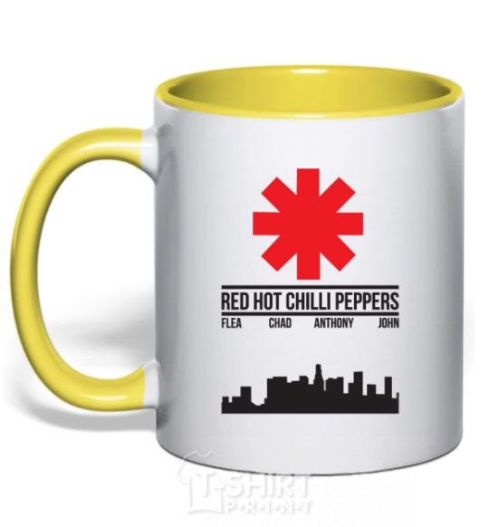 Mug with a colored handle Red hot chili peppers city yellow фото