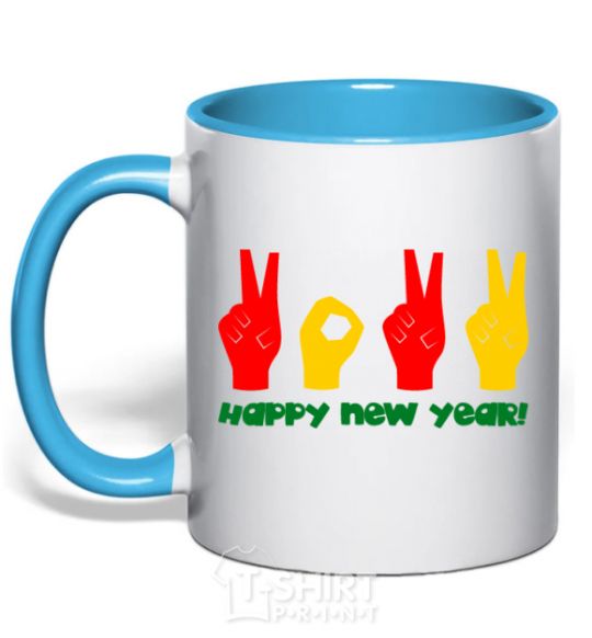 Mug with a colored handle Fingers 2022 sky-blue фото