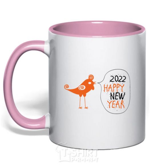 Mug with a colored handle Happy new year rooster light-pink фото