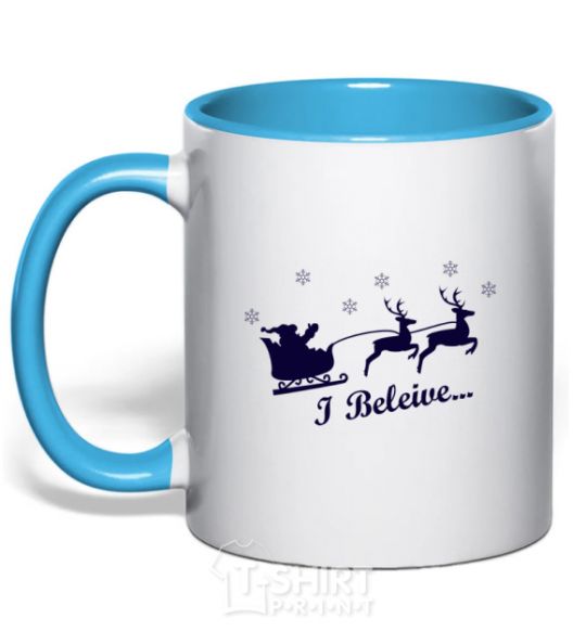 Mug with a colored handle I BELIEVE IN SANTA sky-blue фото