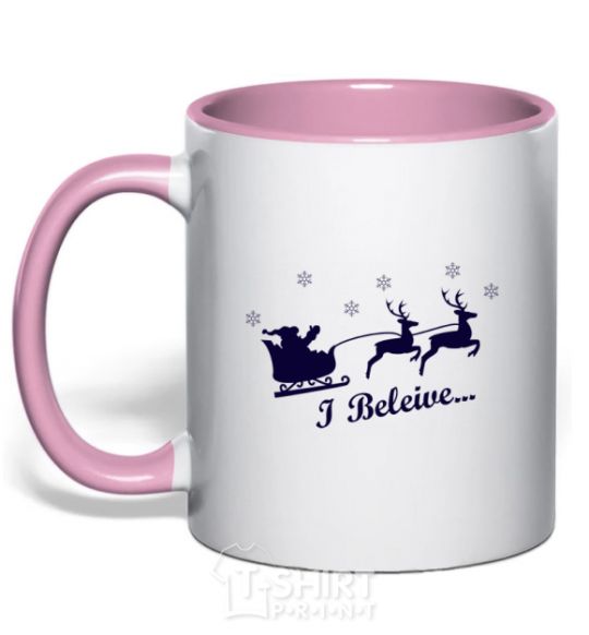 Mug with a colored handle I BELIEVE IN SANTA light-pink фото