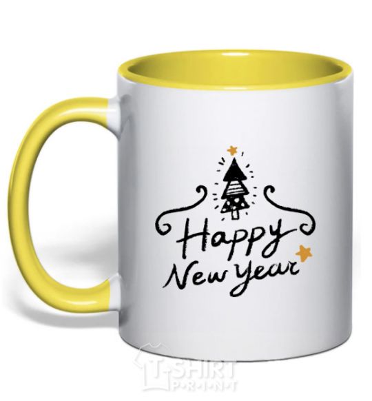 Mug with a colored handle HAPPY NEW YEAR Christmas tree yellow фото