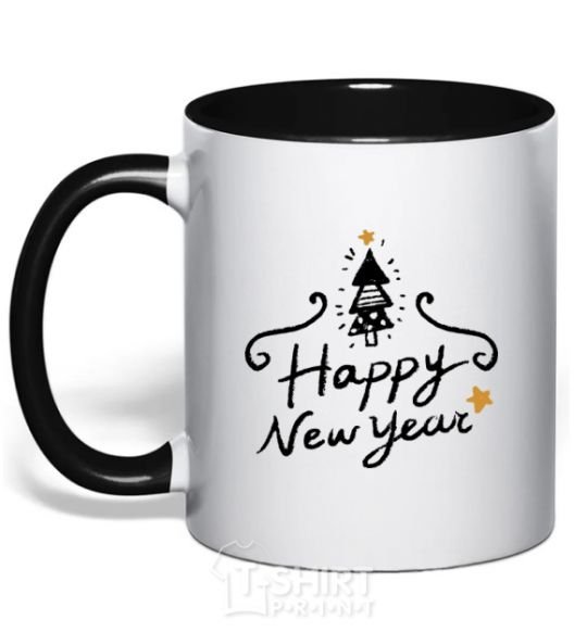 Mug with a colored handle HAPPY NEW YEAR Christmas tree black фото