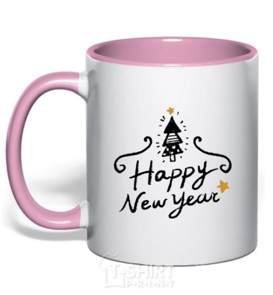 Mug with a colored handle HAPPY NEW YEAR Christmas tree light-pink фото