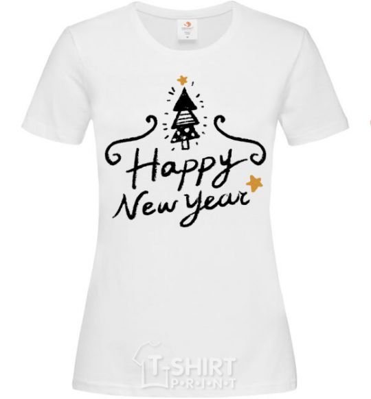 Women's T-shirt HAPPY NEW YEAR Christmas tree White фото