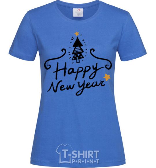 Women's T-shirt HAPPY NEW YEAR Christmas tree royal-blue фото