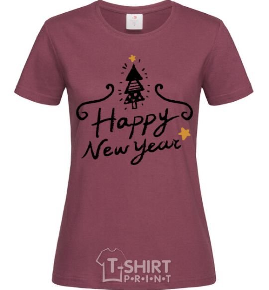 Women's T-shirt HAPPY NEW YEAR Christmas tree burgundy фото