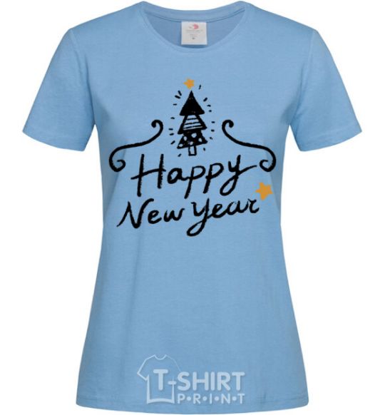 Women's T-shirt HAPPY NEW YEAR Christmas tree sky-blue фото