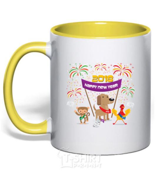 Mug with a colored handle Rooster 2018 yellow фото