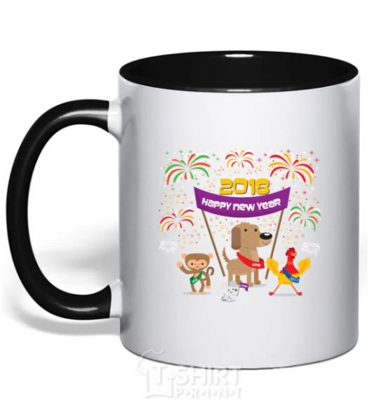 Mug with a colored handle Rooster 2018 black фото