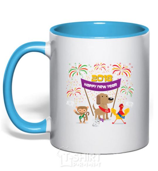 Mug with a colored handle Rooster 2018 sky-blue фото