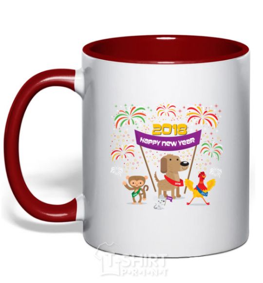 Mug with a colored handle Rooster 2018 red фото