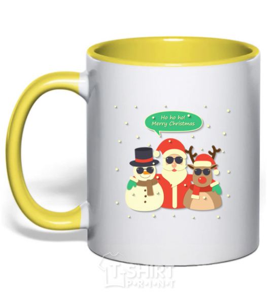 Mug with a colored handle Deer snowman and santa yellow фото