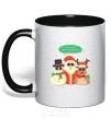 Mug with a colored handle Deer snowman and santa black фото