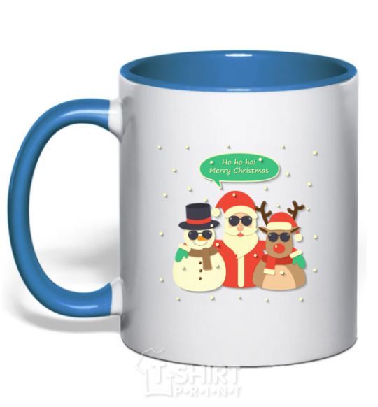 Mug with a colored handle Deer snowman and santa royal-blue фото