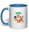 Mug with a colored handle Deer snowman and santa royal-blue фото