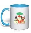 Mug with a colored handle Deer snowman and santa sky-blue фото