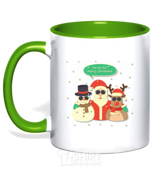 Mug with a colored handle Deer snowman and santa kelly-green фото