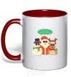 Mug with a colored handle Deer snowman and santa red фото