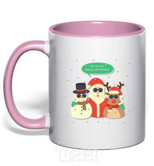 Mug with a colored handle Deer snowman and santa light-pink фото