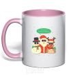 Mug with a colored handle Deer snowman and santa light-pink фото