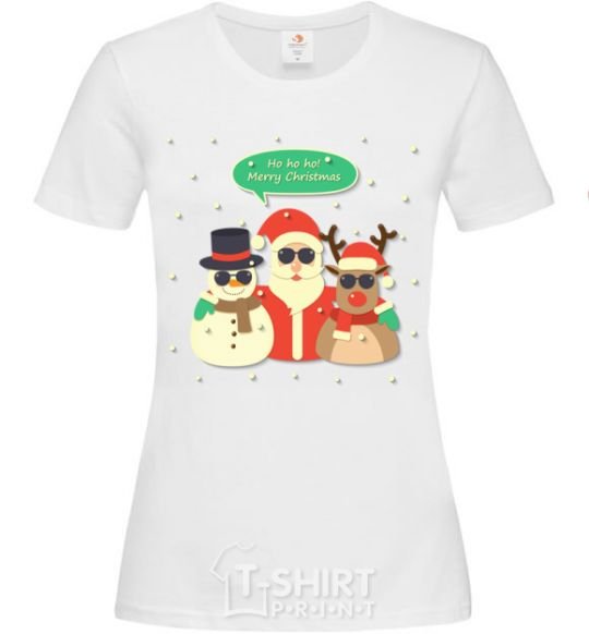 Women's T-shirt Deer snowman and santa White фото