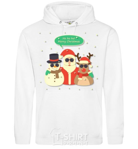 Men`s hoodie Deer snowman and santa White фото