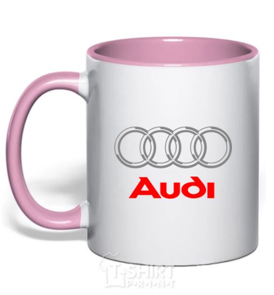 Mug with a colored handle Audi logo gray light-pink фото