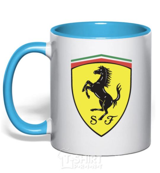 Mug with a colored handle Logo Ferrari sky-blue фото