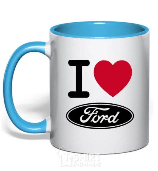 Mug with a colored handle I Love Ford sky-blue фото