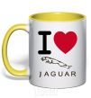 Mug with a colored handle I Love Jaguar yellow фото
