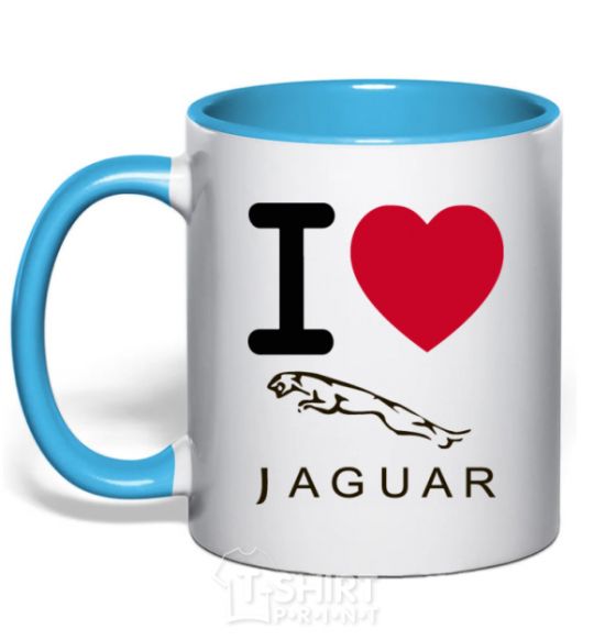Mug with a colored handle I Love Jaguar sky-blue фото