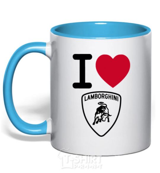 Mug with a colored handle I Love Lamborghini sky-blue фото