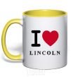 Mug with a colored handle I Love Lincoln yellow фото