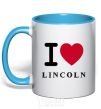 Mug with a colored handle I Love Lincoln sky-blue фото