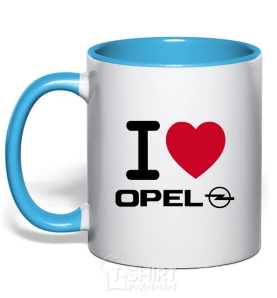 Mug with a colored handle I Love Opel sky-blue фото