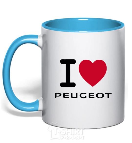 Mug with a colored handle I Love Peugeot sky-blue фото