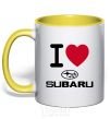 Mug with a colored handle I Love Subaru yellow фото