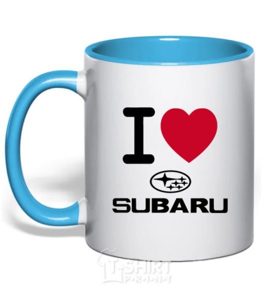 Mug with a colored handle I Love Subaru sky-blue фото